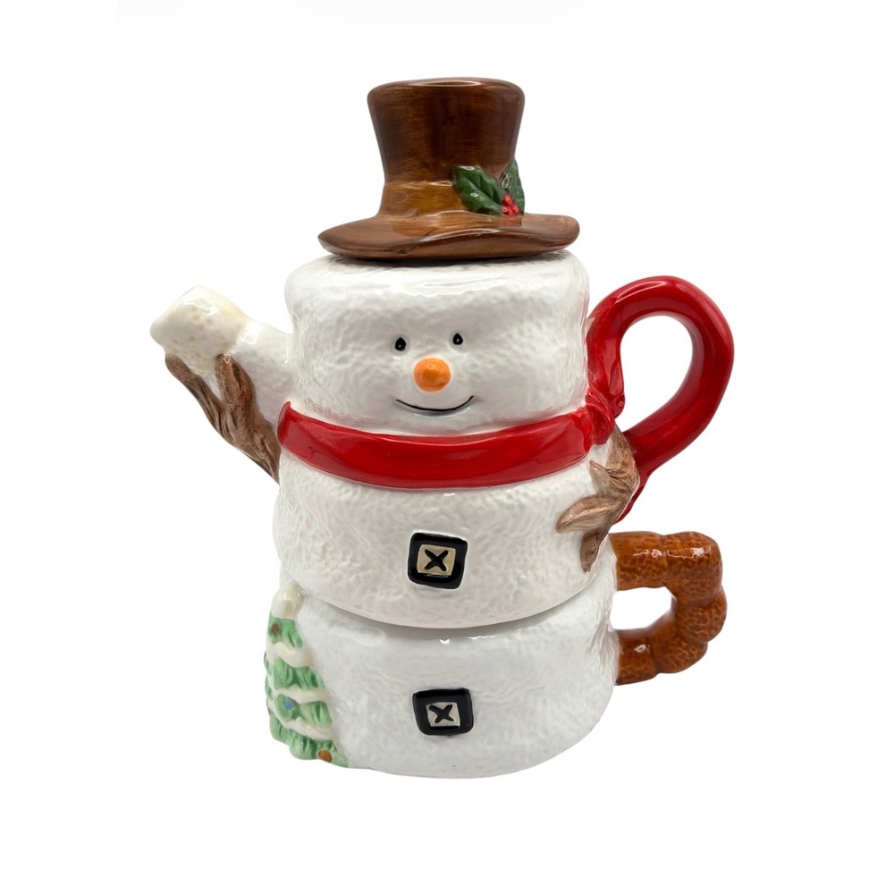 Vintage 3 Piece Ceramic Stacking Snowman Teapot Mug Set Christmas Holiday Decor